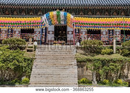 Haeinsa-gil, South Korea; May 26, 2020: Colorful Paper Lanterns At Entrance Of Building Housing Seat