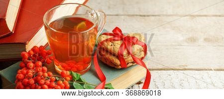 Autumn, Fall Leaves, Cup Of Tea, Opened Book On Wooden Table. Seasonal, Book Reading, Sunday Relaxin