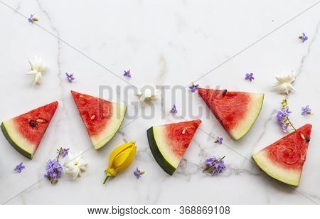 Colorful Fresh Fruits Watermelon Healthy Foods For Health Care With Purple Flowers ,jasmine And Ylan