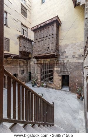 Cairo, Egypt- February 22 2020: Facade Of Ottoman Era Historic House Of Zeinab Khatoun With Wooden O