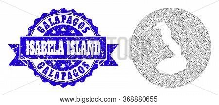 Mesh Vector Map Of Galapagos - Isabela Island With Scratched Stamp. Triangle Network Map Of Galapago