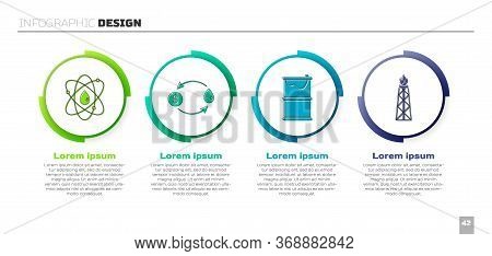 Set Atom, Oil Exchange, Barrel Oil Leak And Oil Rig With Fire. Business Infographic Template. Vector