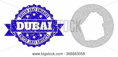 Mesh Vector Map Of Dubai Emirate With Grunge Stamp. Triangular Net Map Of Dubai Emirate Is Cut Out F