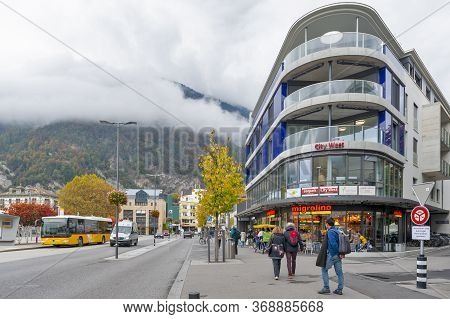 Interlaken, Switzerland - October 2019: The City West Building Located On Station Road In Downtown I