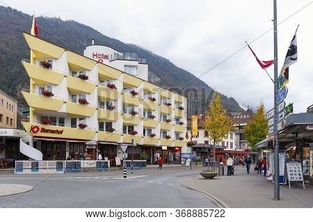 Interlaken, Switzerland - October 2019: Building Exterior Of Hotel Bernerhof Located In Downtown Int