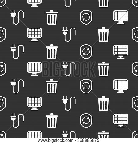 Set Recycle Symbol Inside Shield, Solar Energy Panel, Electric Plug And Trash Can On Seamless Patter