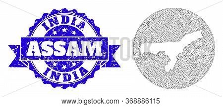 Mesh Vector Map Of Assam State With Grunge Stamp. Triangle Net Map Of Assam State Is Stencils In A R