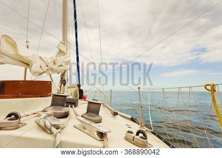 Yacht Capstan With Rope On Sailing Boat During Cruise, Marine Objects Concept.