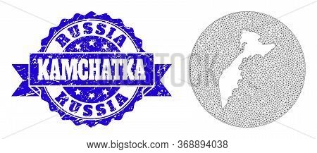 Mesh Vector Map Of Kamchatka Peninsula With Scratched Stamp. Triangular Net Map Of Kamchatka Peninsu