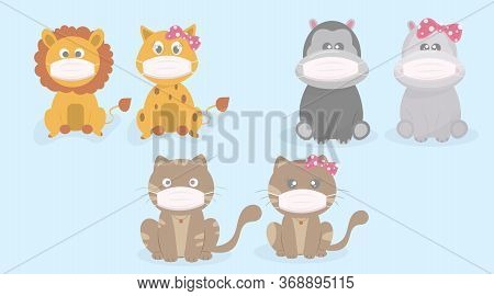 Cute Animals Don't Want To Get Sick. Cat, Lion, Hippo Protect Against Viruses.animals Wear Surgical 