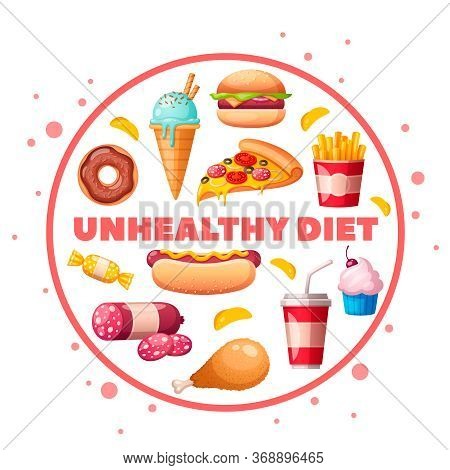 Nutritionist Dietitian Food To Avoid Unhealthy Products Cartoon Circular Composition With Hamburger 