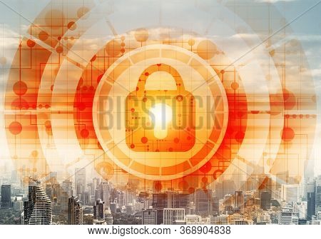 Virtual Locking Mechanism On Background Of Downtown. Internet Concept For Identity And Access Manage