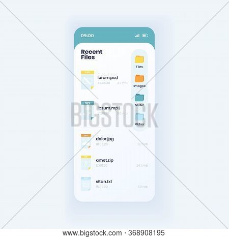 Recent Files List Smartphone Interface Vector Template. Organizer App Page Light Design Layout. Sear