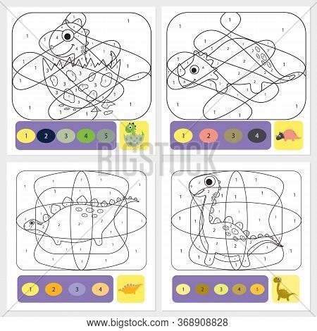 Set Of Cute Dino Coloring Page For Kids. Printable Design Coloring Book. Coloring Puzzle With Number