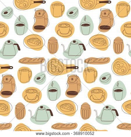 Breakfast Seamless Pattern With Cappuccino, Cups, Coffee Pot, Milk, Croissant, Eggs, Bread, Avocado 