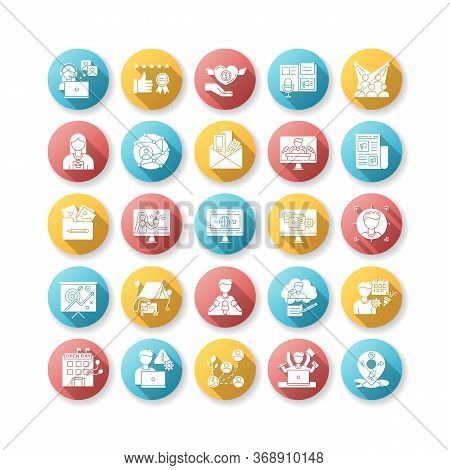 Pr Marketing Flat Design Long Shadow Glyph Icons Set. Brand Image. Corporate Identity. Public Relati
