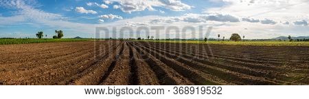 Panorama Photo Rows Of Soil Before Planting. Furrows Row Pattern In A Plowed Field Prepared For Plan