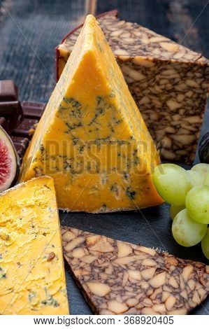 British And Irish Cheeses, Tasting Plate With Blue Shropshire, Brown Porter Cheese And Smoked Chedda