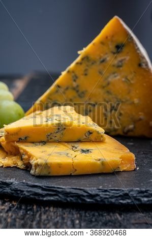 British Matured Yellow Cheese Blue Shropshire, Close Up