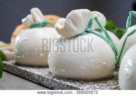Cheese Collection, Fresh Soft Italian Cheese From Puglia, White Balls Of Burrata Or Burratina Cheese