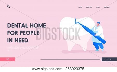 Stomatology Clinic Service Landing Page Template. Tiny Dentist Doctor Character Carry Carver Stomato