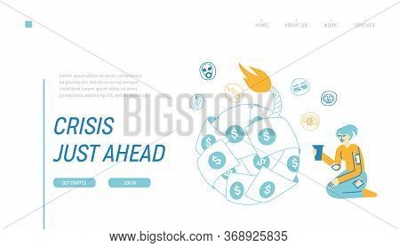 Global Economics Crisis Landing Page Template Female Character Sitting At Huge Bomb Made Of Dollar B