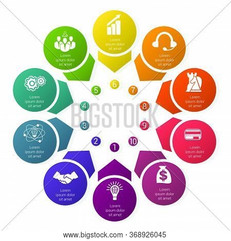 Colorful Template For Infographics From Arrows And Circles With Shadow, Arranged In Circle, For 10 P