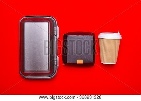 Cardboard Box For Burger, Cardboard Cup Of Coffee. Eat Take Away. Delievery On Red Background. Flat 