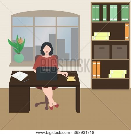 Vector Illustration Of A Woman Sitting On A Chair Working In The Office On The Laptop. Business Work