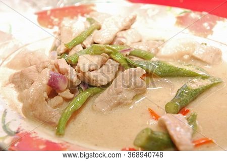 Bicol Express Meal With Mean, Beans, Sauce, And Chili On Plate Serve In The Eatery In Philippines
