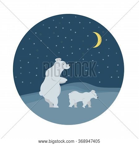 Mama Polar Bear With Baby Under Night Sky And Moon In Antarctic North Pole. Vector Illustration For 