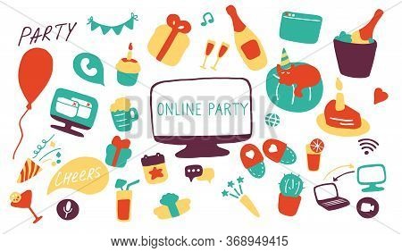 Online Party Icon Set. Doodle Celebration Signs. Hand Drawn Flat Vector Illustration