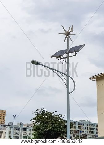 Post With Led Lantern With Supply By Solar Panel And Wind Turbine In Sanya, Hainan, China