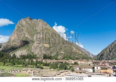 Pinkuylluna Mountain And Town Of Ollantaytambo, Sacred Valley Of The Incas, Near Cusco, Peru