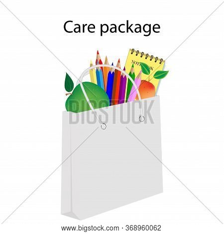 Stationery For Children, Notepad, Colored Pencils In A Paper Bag - Vector. Care Package Idea. Quaran