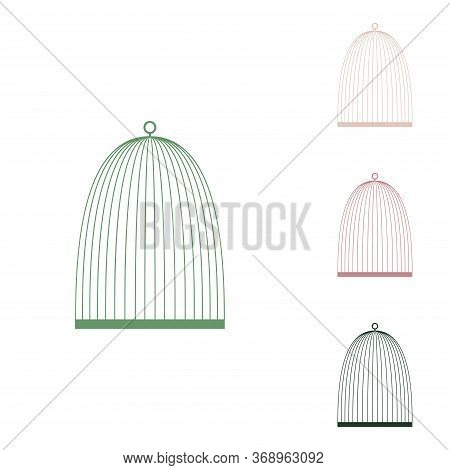 Bird Cage Sign. Russian Green Icon With Small Jungle Green, Puce And Desert Sand Ones On White Backg