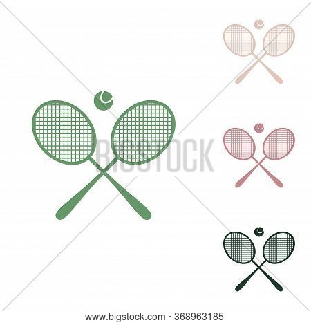 Two Tennis Racket With Ball Sign. Russian Green Icon With Small Jungle Green, Puce And Desert Sand O