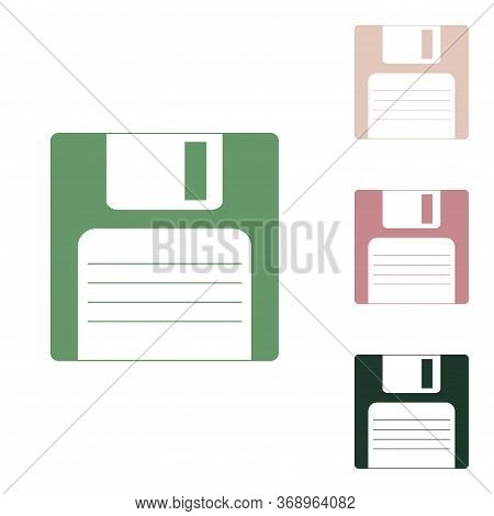 Floppy Disk Sign. Russian Green Icon With Small Jungle Green, Puce And Desert Sand Ones On White Bac