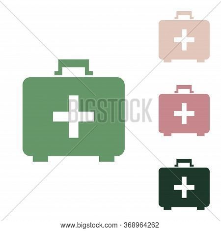 Medical First Aid Box Sign. Russian Green Icon With Small Jungle Green, Puce And Desert Sand Ones On