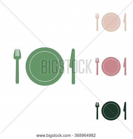 Fork, Plate And Knife. Russian Green Icon With Small Jungle Green, Puce And Desert Sand Ones On Whit