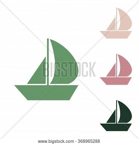 Sail Boat Sign. Russian Green Icon With Small Jungle Green, Puce And Desert Sand Ones On White Backg