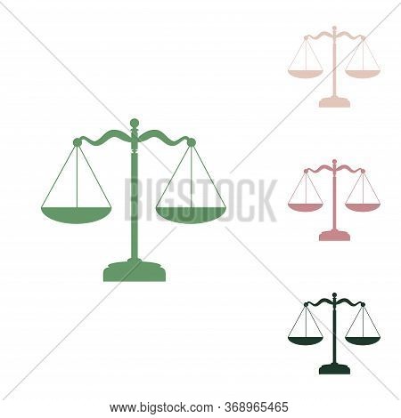 Scales Balance Sign. Russian Green Icon With Small Jungle Green, Puce And Desert Sand Ones On White 