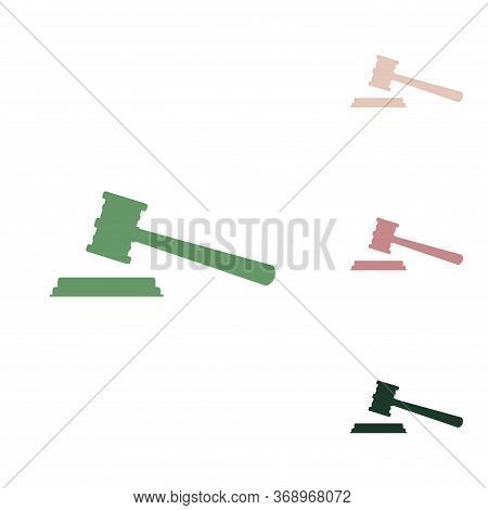 Justice Hammer Sign. Russian Green Icon With Small Jungle Green, Puce And Desert Sand Ones On White 