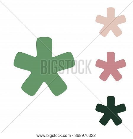 Asterisk Star Sign. Russian Green Icon With Small Jungle Green, Puce And Desert Sand Ones On White B