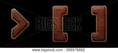 Set of symbols right angle bracket, left and right bracket made of leather. 3D render font with skin texture isolated on black background. 3d rendering