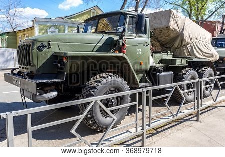 Samara, Russia - May 4, 2019: Bm-21 Grad 122-mm Multiple Rocket Launcher On Ural-375d Chassis At The