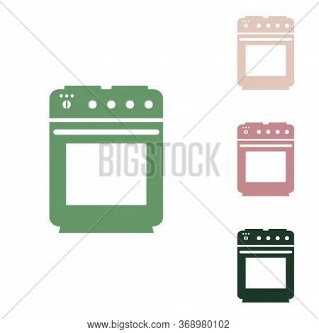 Stove Sign. Russian Green Icon With Small Jungle Green, Puce And Desert Sand Ones On White Backgroun