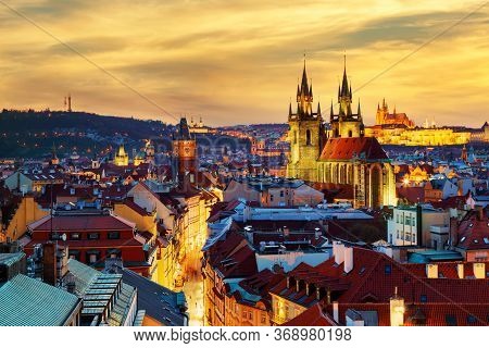 Amazing Cityscape View Of Prague Castle And Church Of Our Lady Tyn, Czech Republic During Sunset Tim