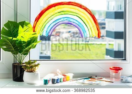 Rainbow On Window During Quarantine At Home. Thank You