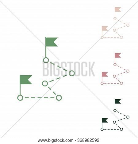 Route With Flags Sign. Russian Green Icon With Small Jungle Green, Puce And Desert Sand Ones On Whit
